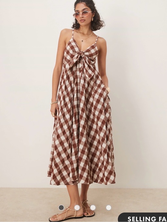 Free People Dresses & Skirts - Worn once - Free People Brown and White Gingham Midi Tie-Front Dress